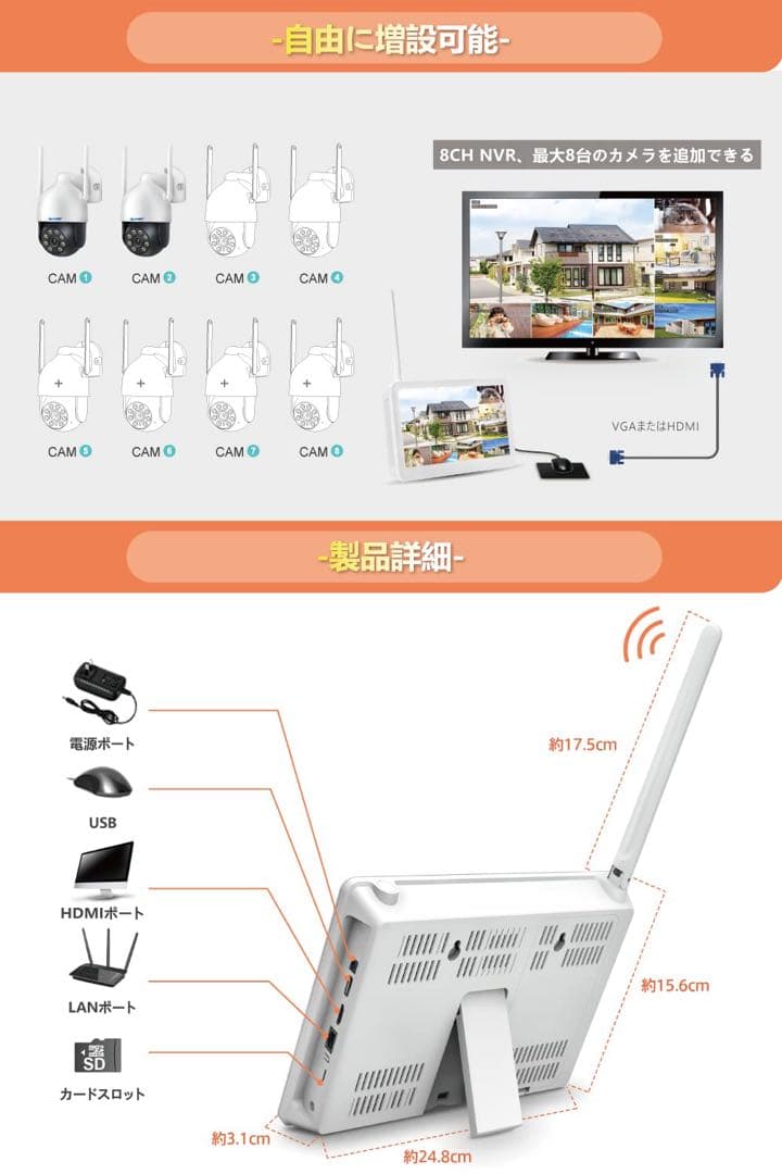 防犯カメラ　モニター付き　500万画素対応　360°全方位監視　夜間監視