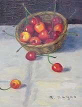【真作】絵画　長生玲子　油彩3号　桜ん坊　さくらんぼの籠とテーブル　Y111