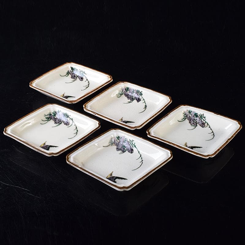 九谷焼　色絵　鳥草文　菱形中皿　五客　時代箱付　M　R8296