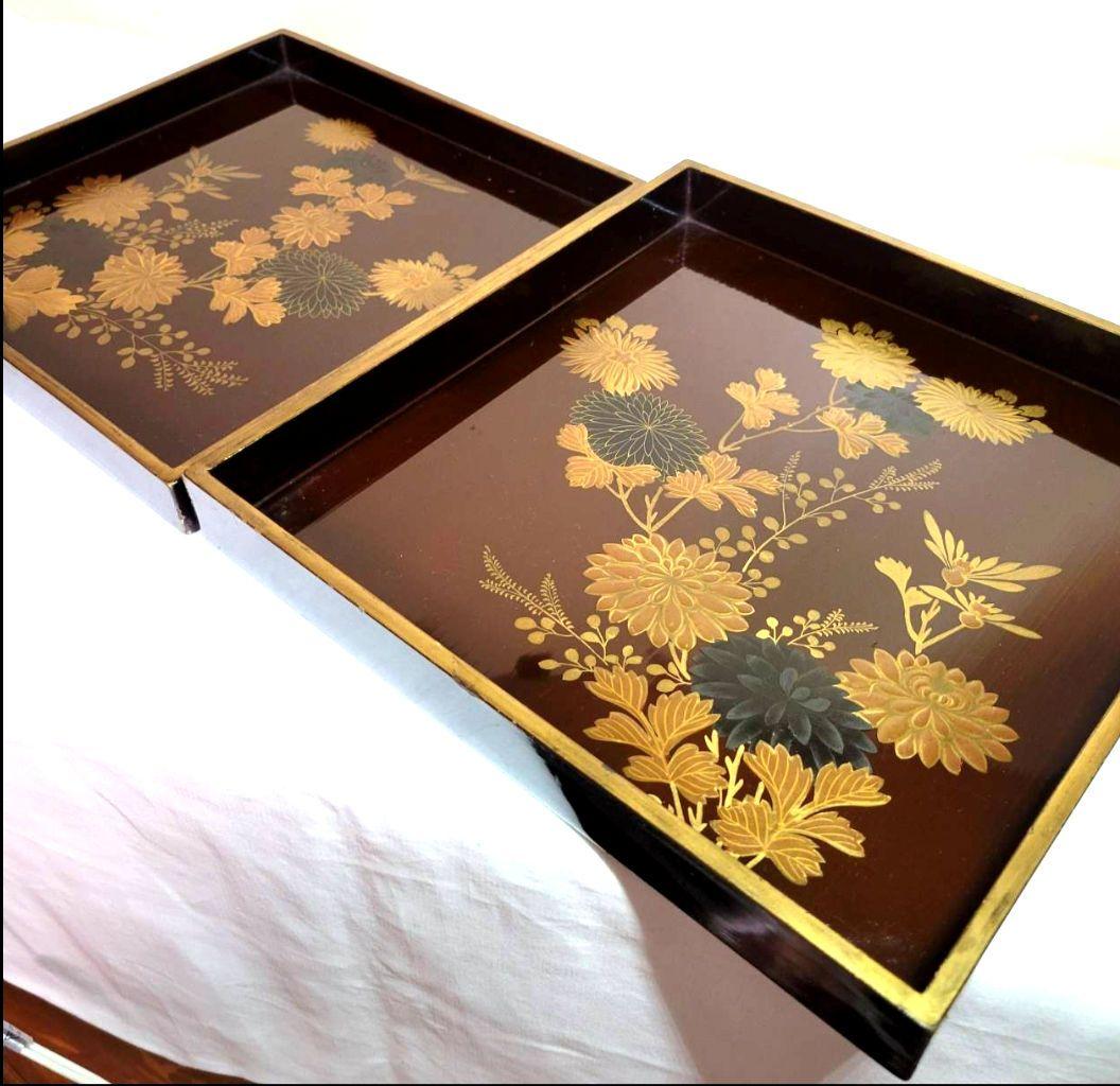 【最終価格】【時代物:文政】金蒔絵 草花文 角盆 2枚揃 共箱付　封書付