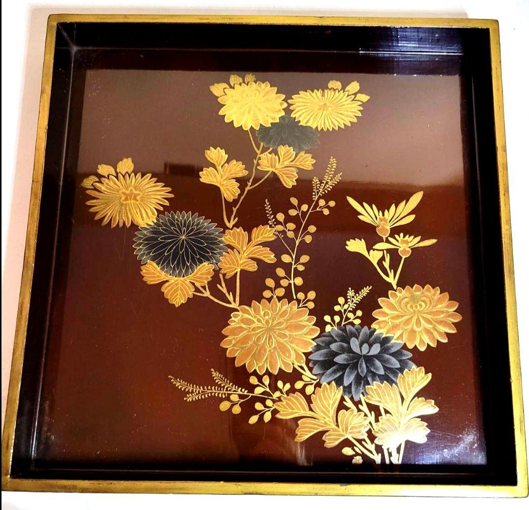 【週末特別値下げ】【時代物:文政】金蒔絵 草花文 角盆 2枚揃 共箱付　封書付