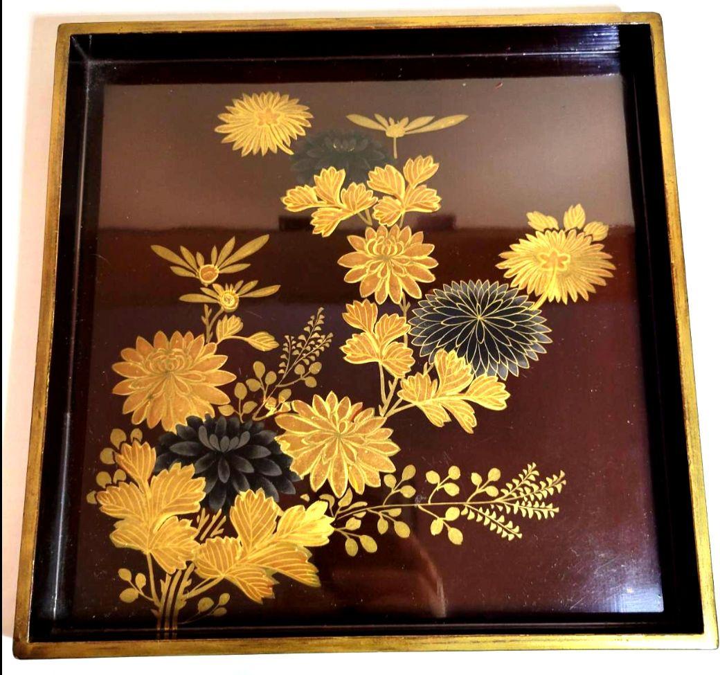 【週末特別値下げ】【時代物:文政】金蒔絵 草花文 角盆 2枚揃 共箱付　封書付