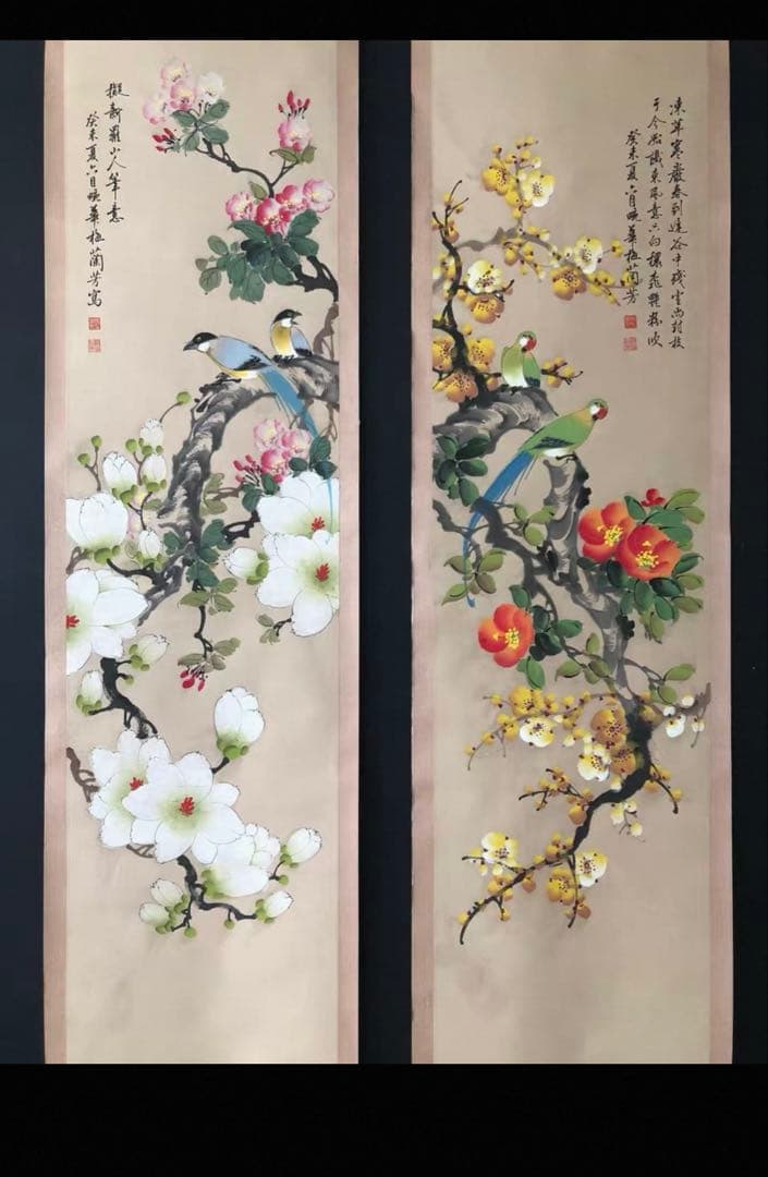 梅蘭芳 花鳥図 四条屏 手描き 掛軸 山水画　中国画 四幅セット 和室飾り