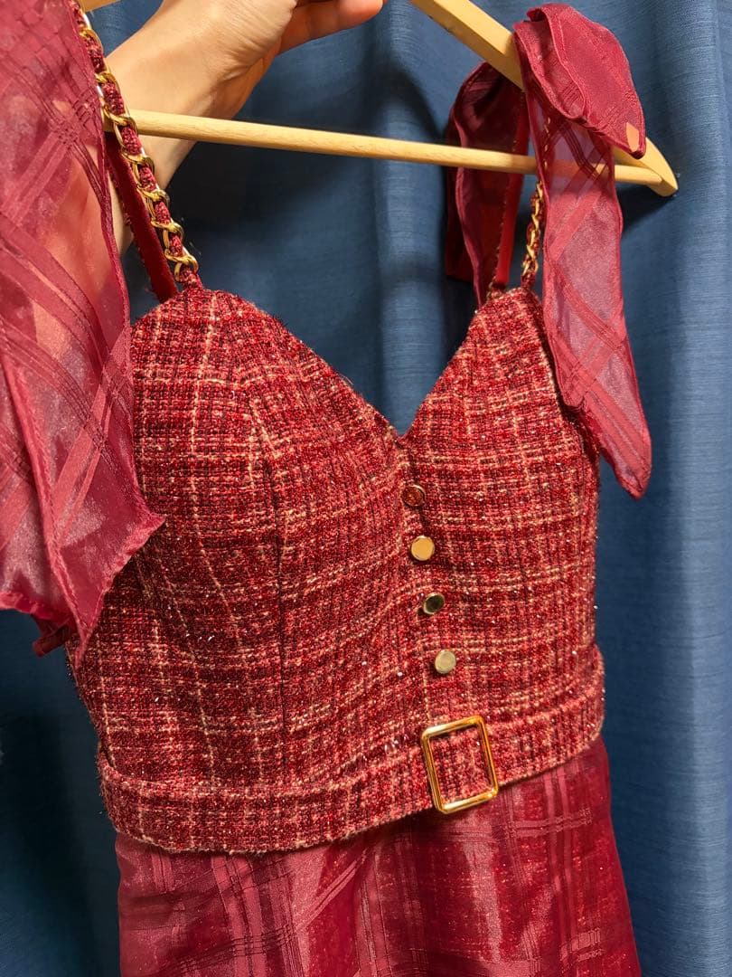 群*青様 ローブドフルール ツイード チェーンストラップ ミディドレス