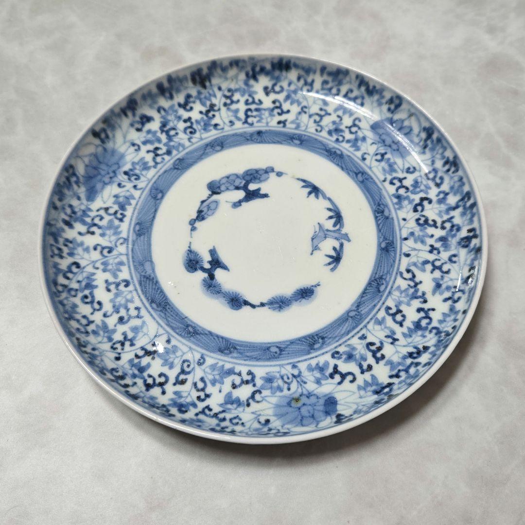 古伊万里　染付　六寸皿　江戸時代　花唐草　金直し　金継ぎ　骨董　アンティーク