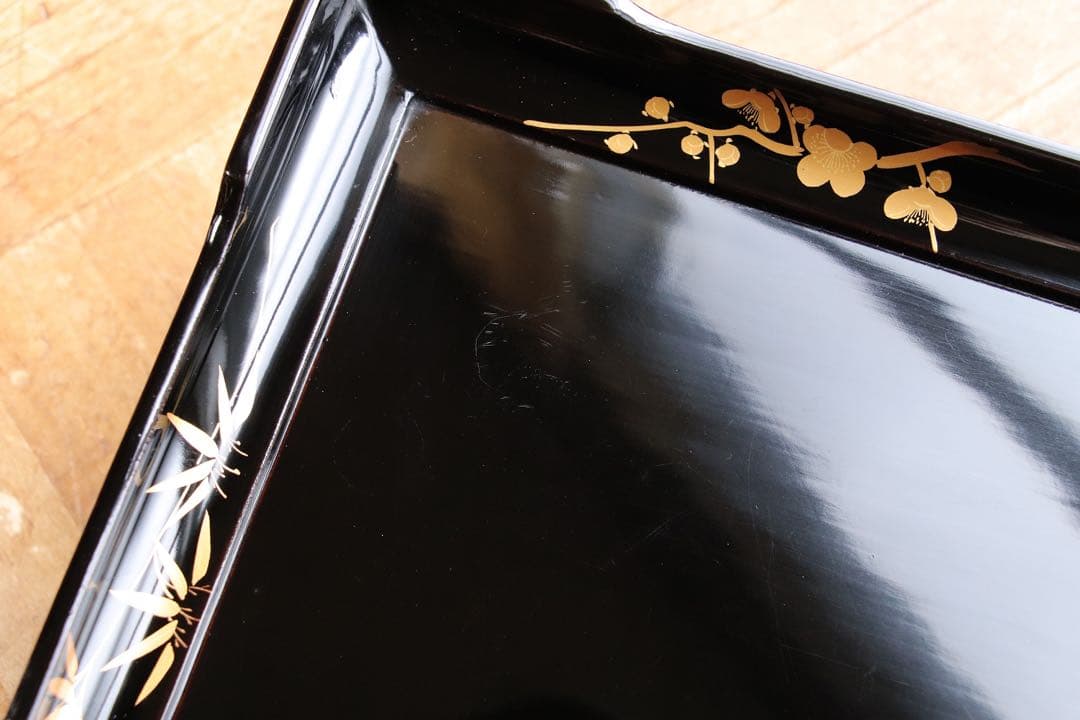 木製　黒塗　四方膳　二客　脚付　四君子　金蒔絵　茶懐石