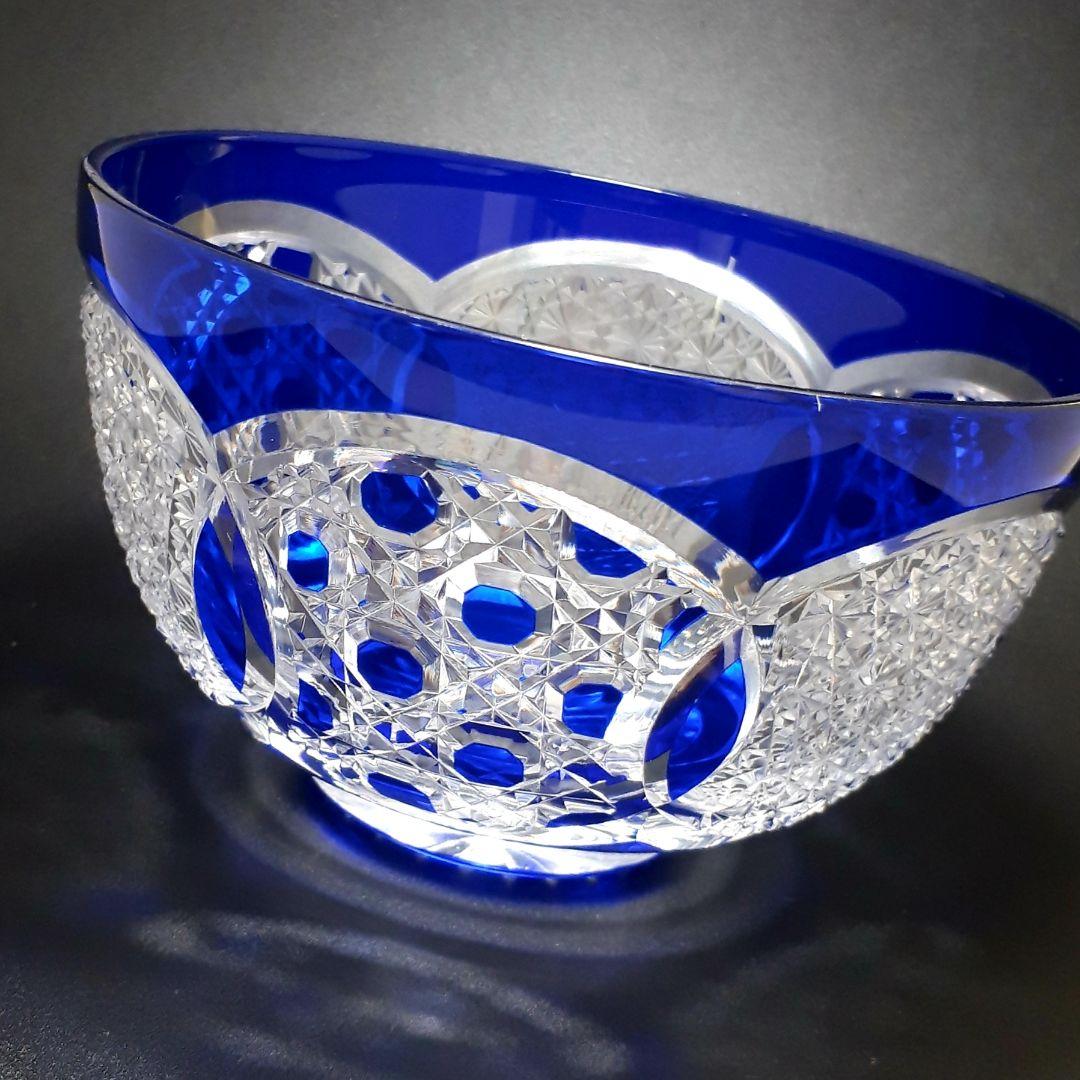 江戸切子　瑠璃色被せガラス　切子鉢　　　伝統工芸士 大友精三 作【美品 未使用】