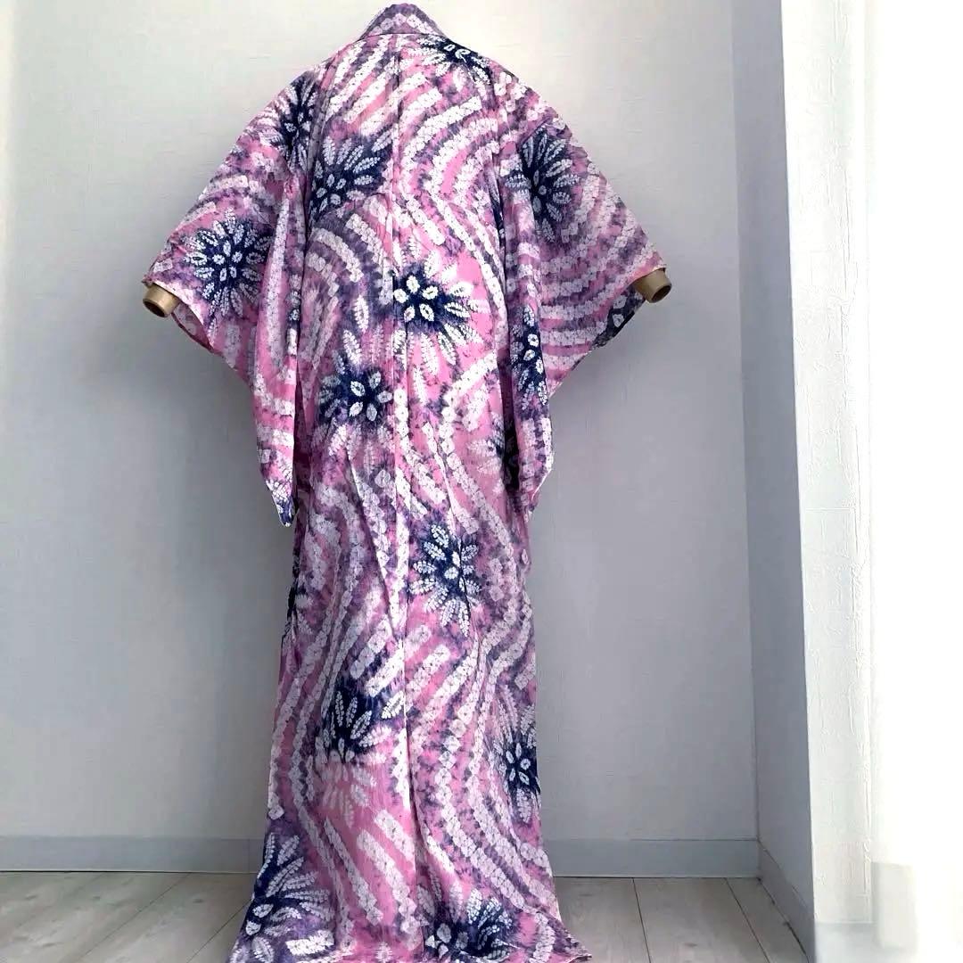 有松絞り浴衣　絞り浴衣　蜘蛛絞り　淡いピンク花模様　手縫　絞り浴衣　No.2-4