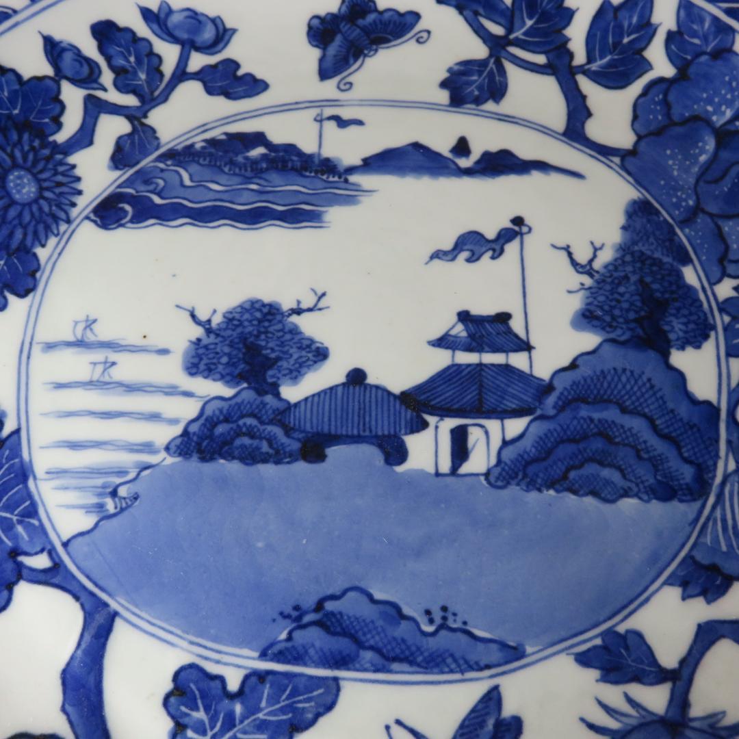 古伊万里 大皿 欠け 変形皿 山水 菊 牡丹 波文 染付