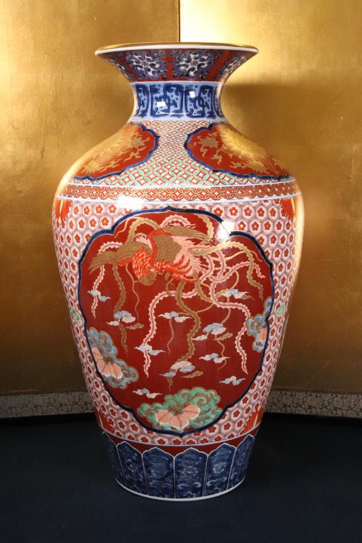 BE688　有田焼 松右衛門 作　染錦鳳凰　花瓶　花入　大型　高さ74㎝　共箱