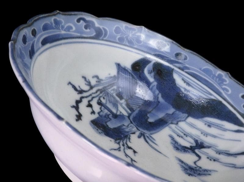 古伊万里　染付　墨弾　桜花に波　楼閣山水図　膾皿　５客　A634AS-CVz