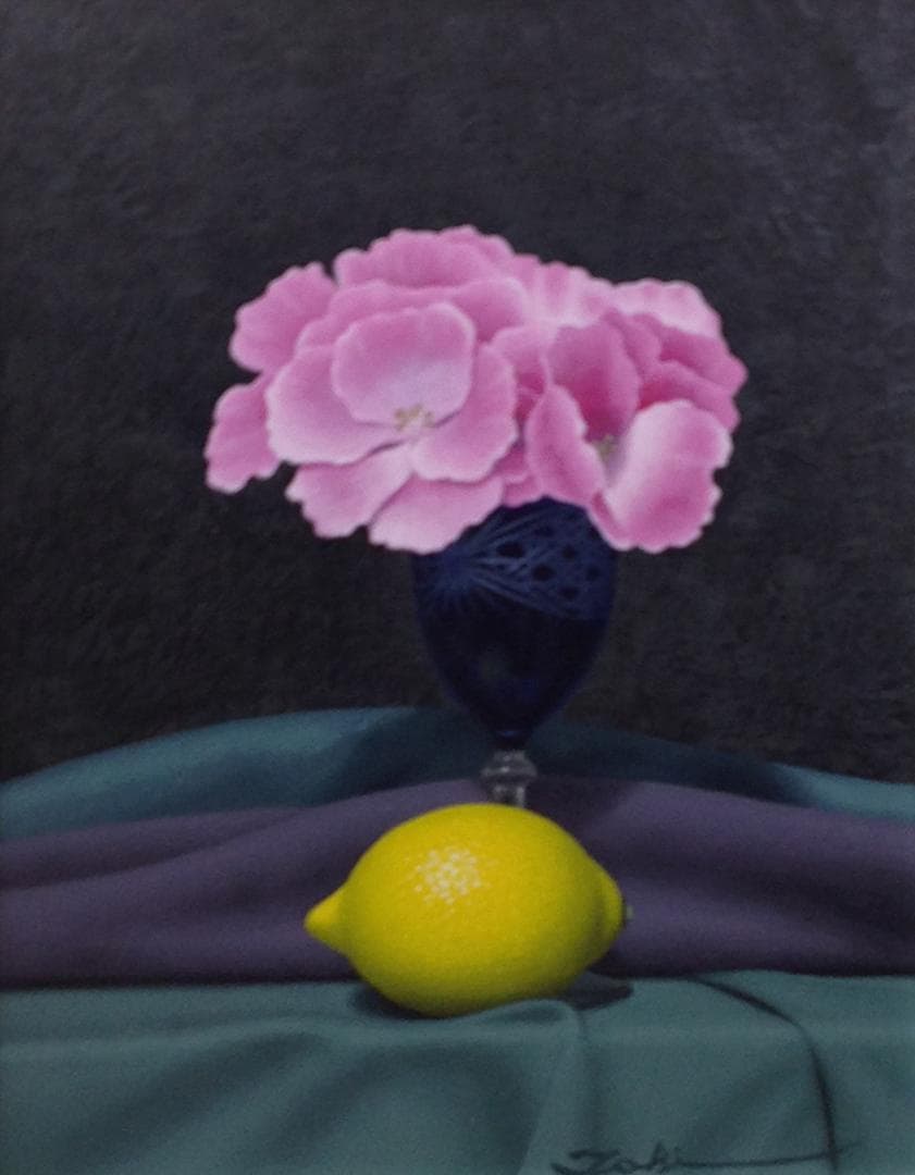 肉筆油絵 静物画 パンジーとレモン
