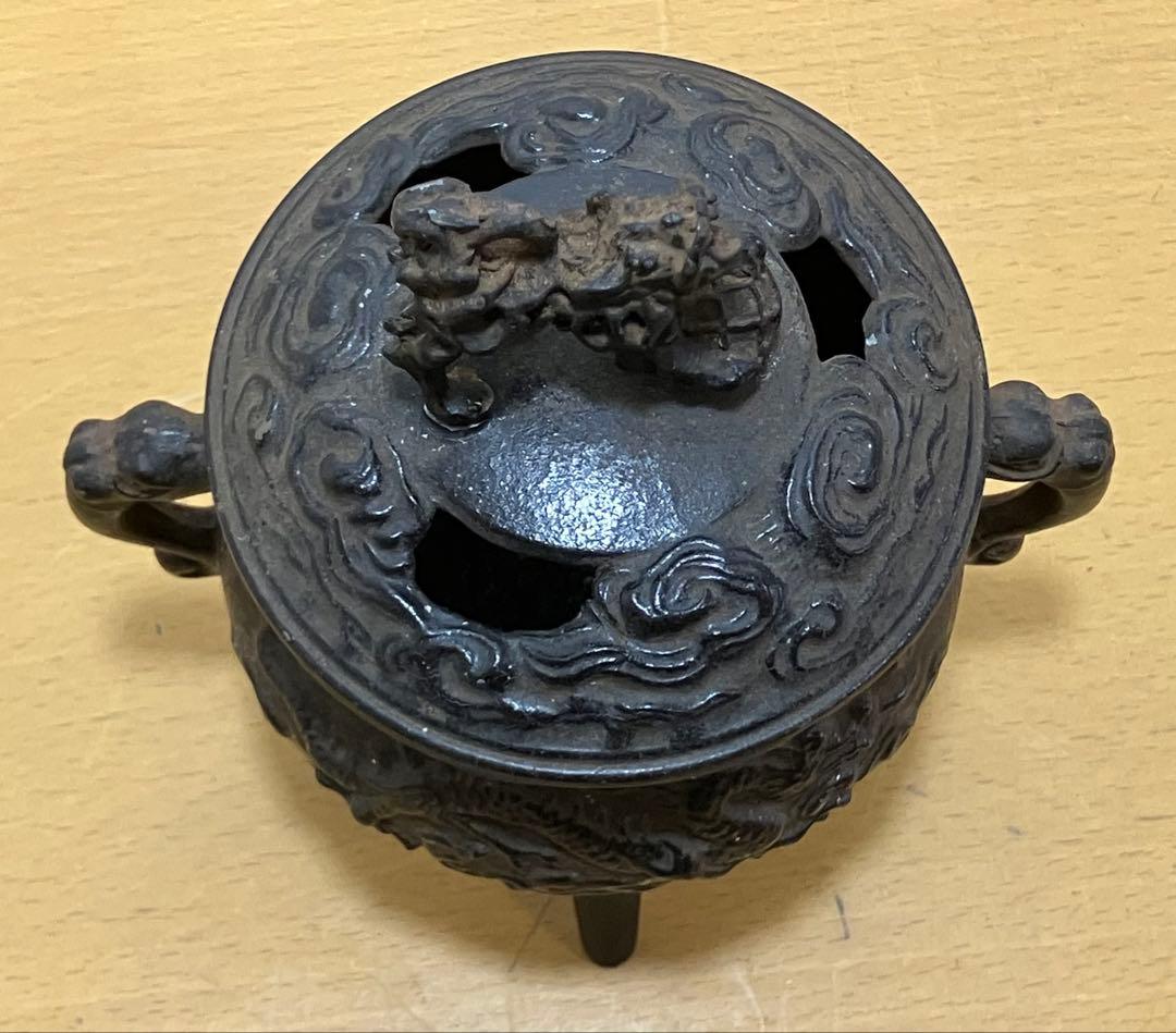 【香炉】三脚獅子摘龍紋獣　耳香炉　香爐　香道具　 古道具