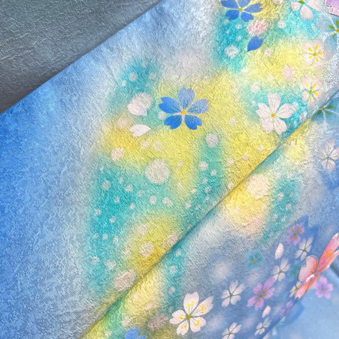 368 振袖フルセット 正絹 水色 ブルーグレー銀彩 駒刺繍 暈し染め お上品