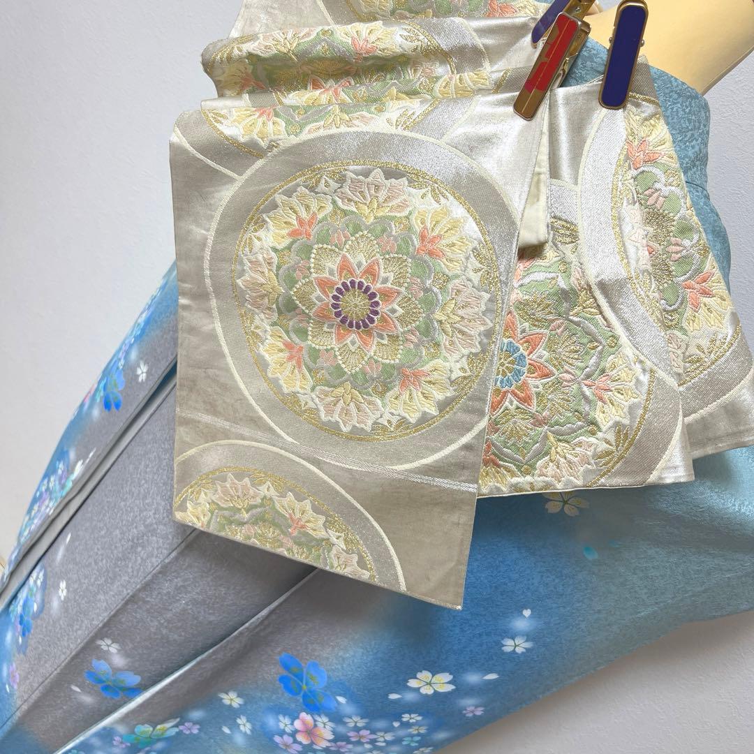 368 振袖フルセット 正絹 水色 ブルーグレー銀彩 駒刺繍 暈し染め お上品
