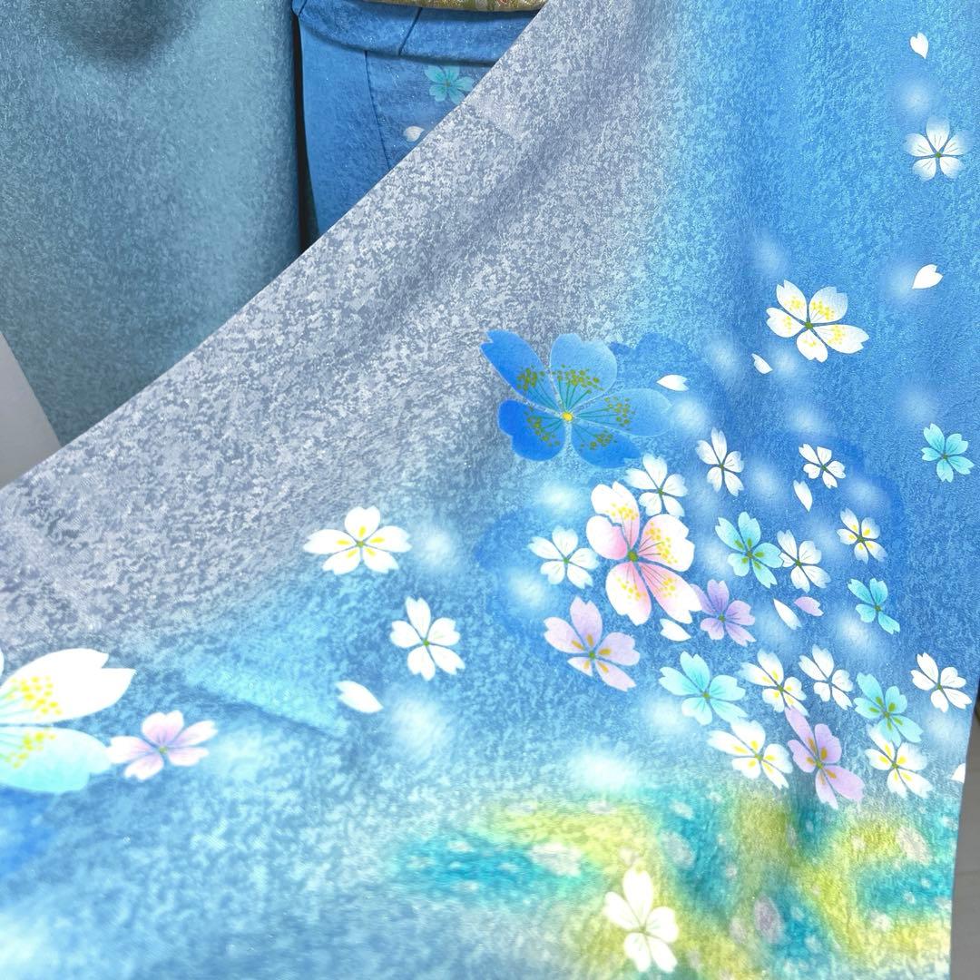 368 振袖フルセット 正絹 水色 ブルーグレー銀彩 駒刺繍 暈し染め お上品