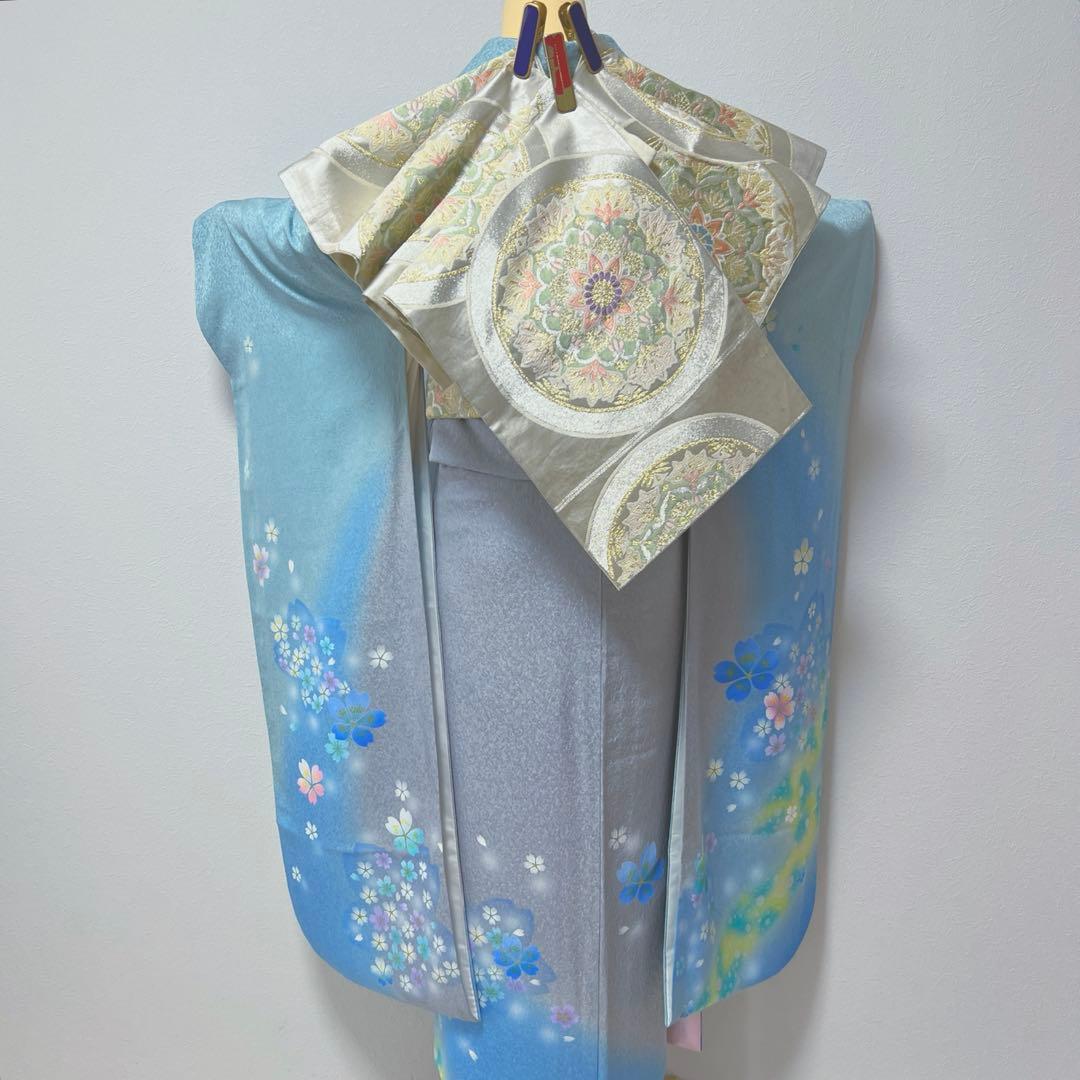 368 振袖フルセット 正絹 水色 ブルーグレー銀彩 駒刺繍 暈し染め お上品