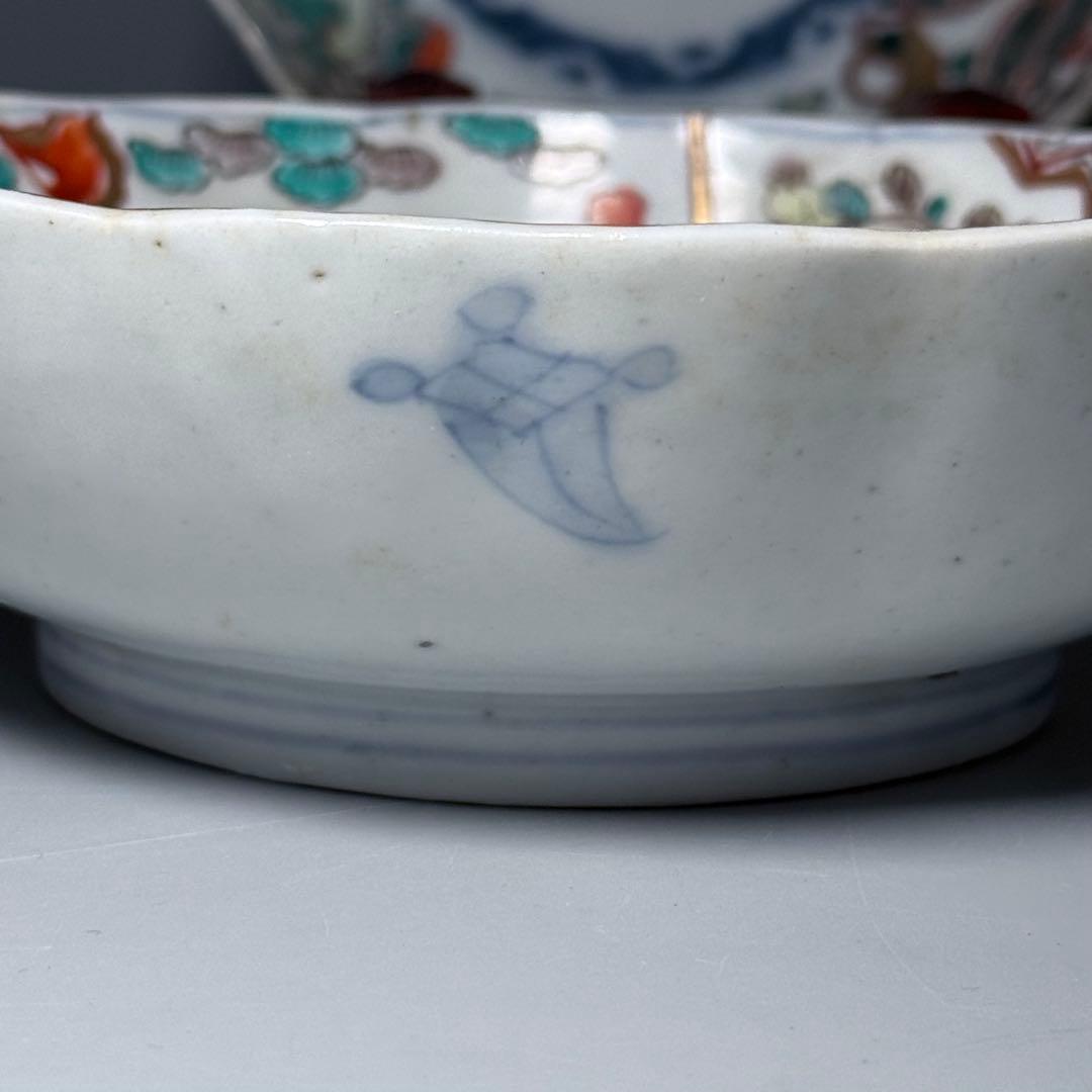 古伊万里　色絵輪花形なます皿　5客　珍しい絵付け　蛇目高台