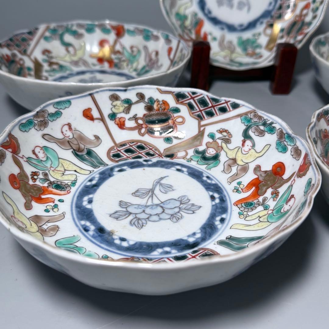 古伊万里　色絵輪花形なます皿　5客　珍しい絵付け　蛇目高台