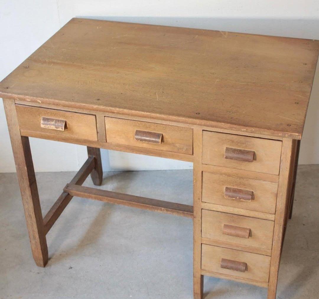 ヴィンテージ片袖机 デスク 木製文机 6引き出し付き