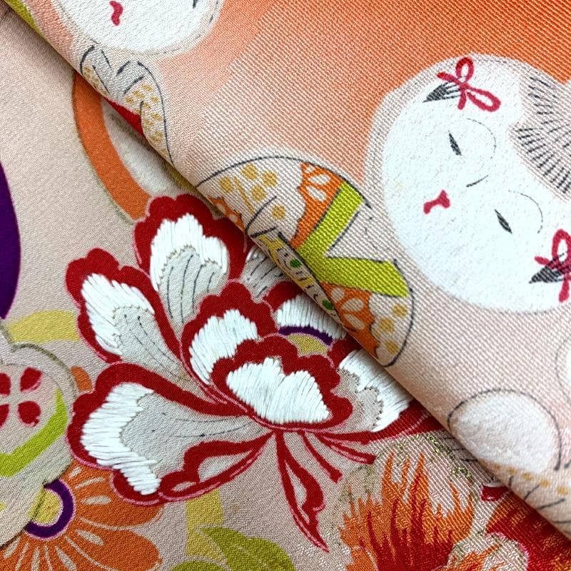 510ag64□七五三 三歳 アンティーク 女児 着物のみ 五つ紋 こけし 花□