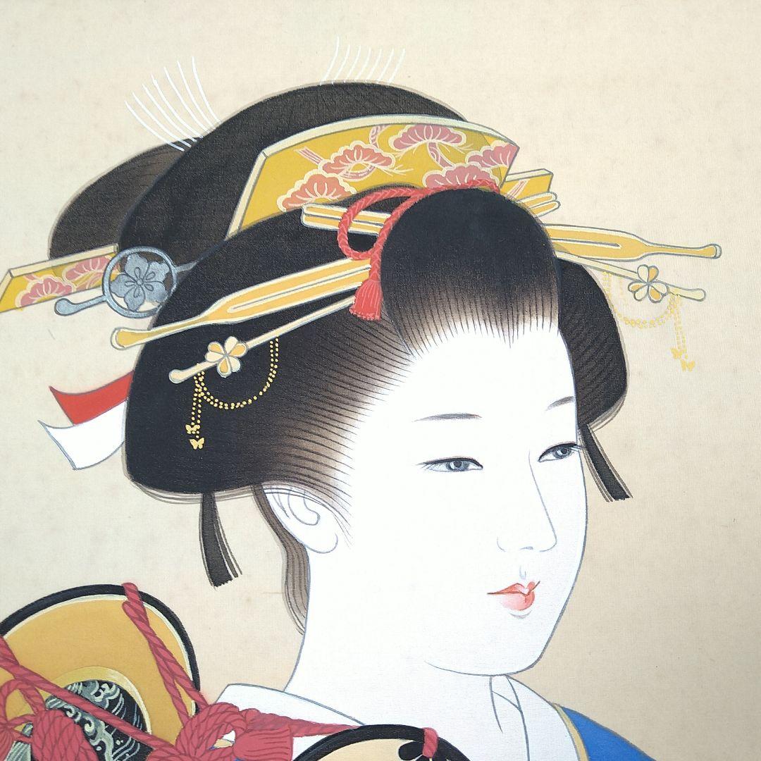 AC83 【真筆】長井美智子(初音）日本画 美人画 佳 芸者 鼓 額装 絹本肉筆