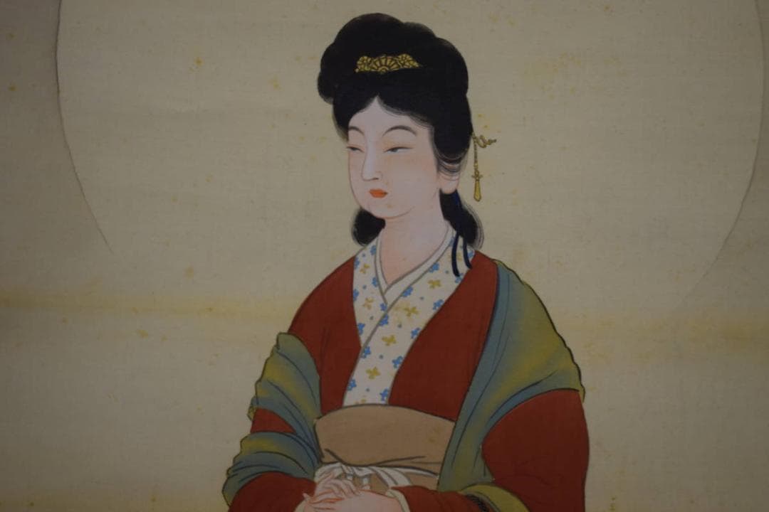 真作/夜久臥橋/魚籃観音像図/美人画/桐共箱付/布袋屋掛軸HI-458