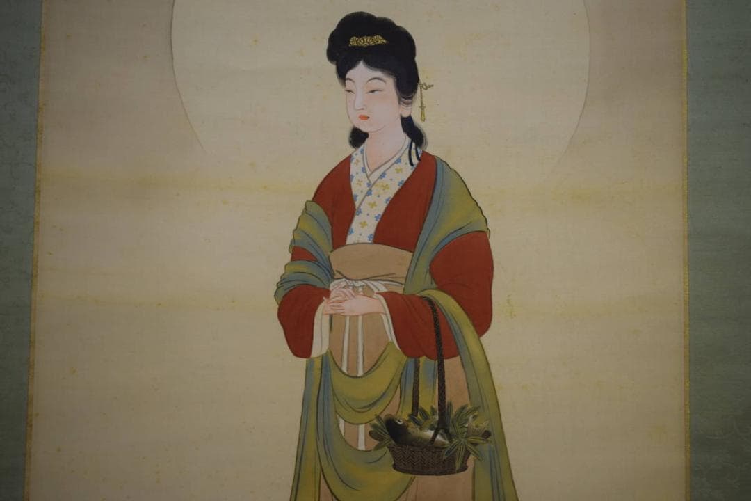 真作/夜久臥橋/魚籃観音像図/美人画/桐共箱付/布袋屋掛軸HI-458