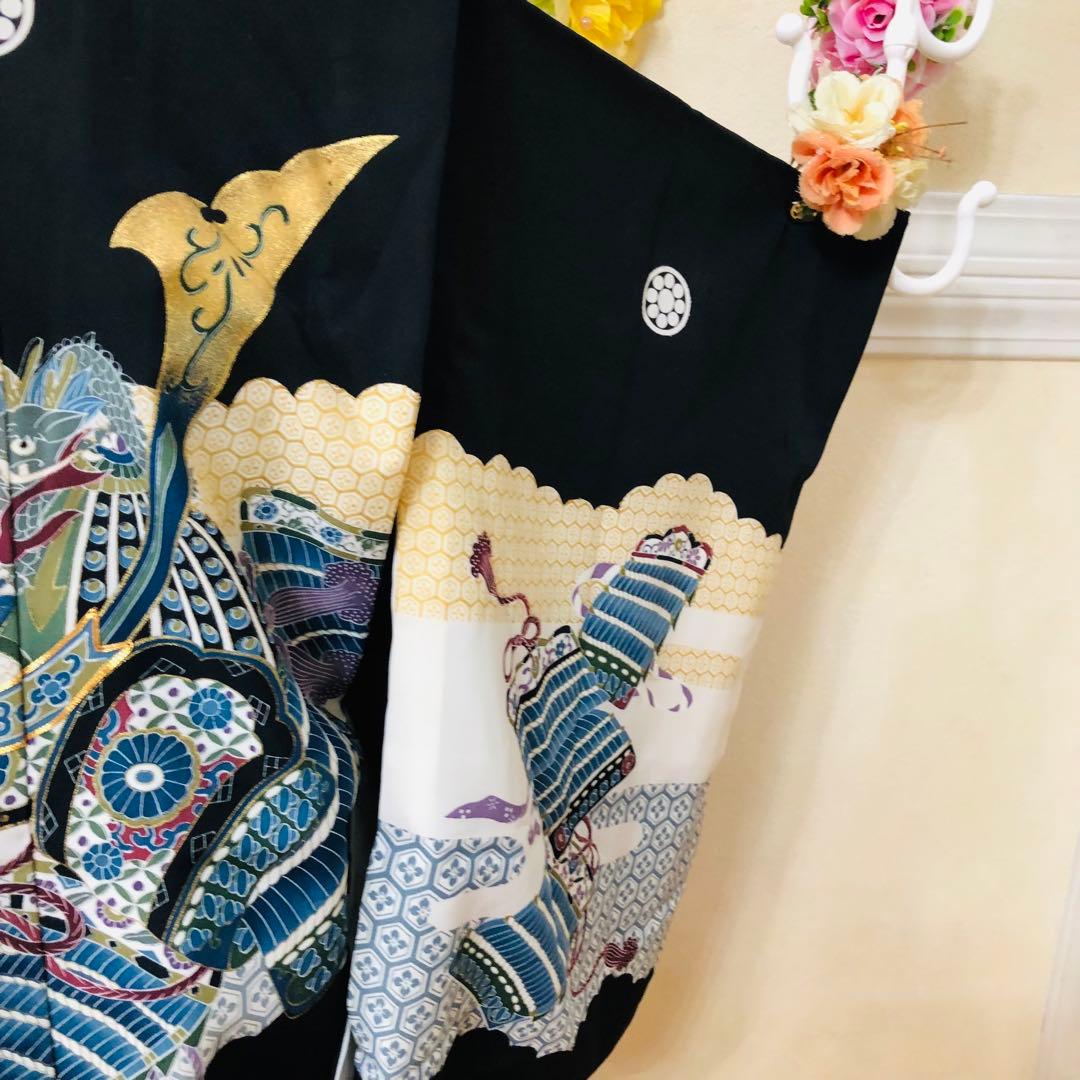 七五三５歳完全フルセット‼️豪華黒地系兜金彩煌びやか⭐︎袴縞スタイルアップ人気銘品