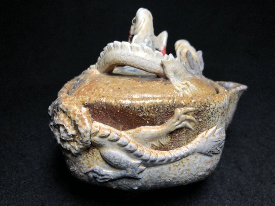 備前焼　森脇弘行　四角手造　鯉龍宝瓶　２白龍張　煎茶道具　備前　急須　陶器