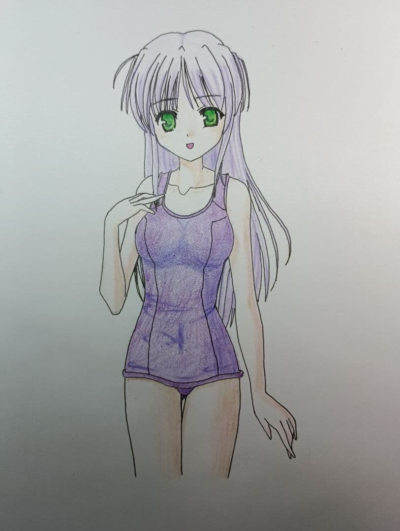 アニメキャラクター 人物画 紫色の水着
