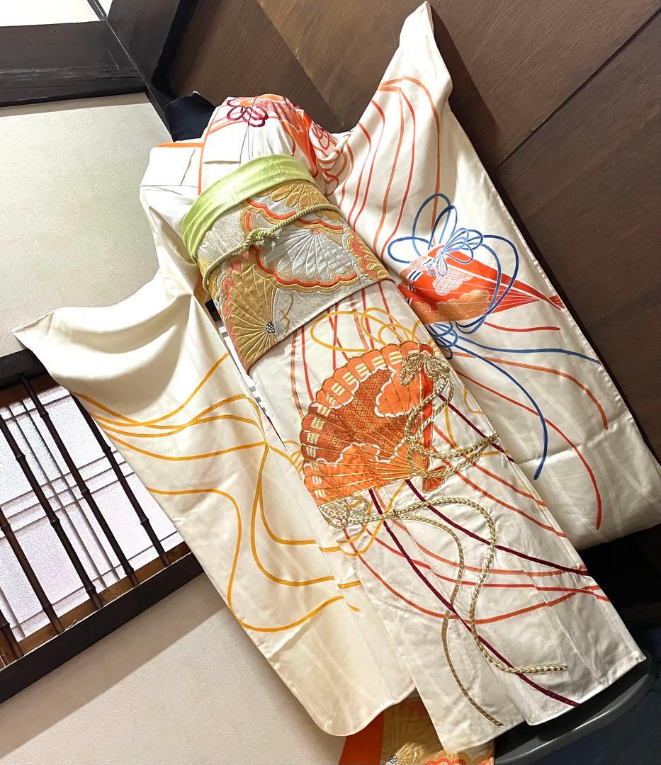 振袖フルセット6点サイズM〜Ｌ駒刺繍　束ね熨斗檜扇花文　金彩　正絹