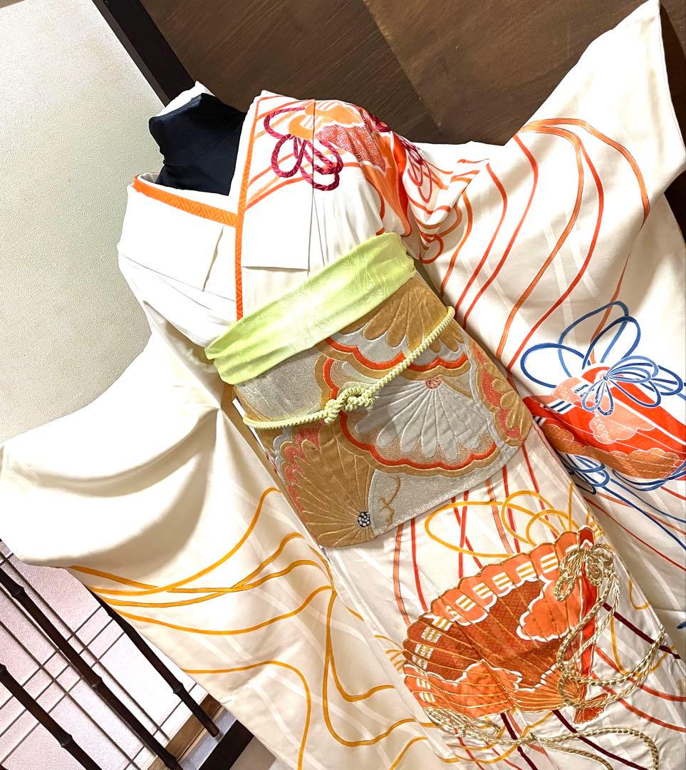 振袖フルセット6点サイズM〜Ｌ駒刺繍　束ね熨斗檜扇花文　金彩　正絹