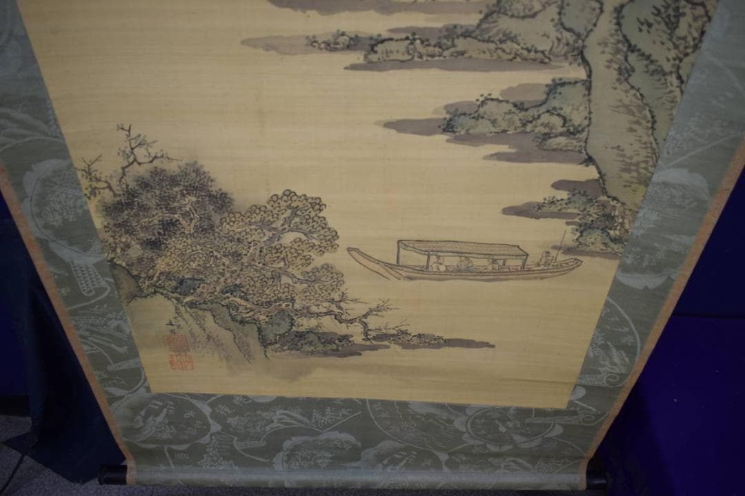 真作/谷文晁/山水屋形船図/絹表装/軸先紫檀/大幅/布袋屋掛軸HH-471