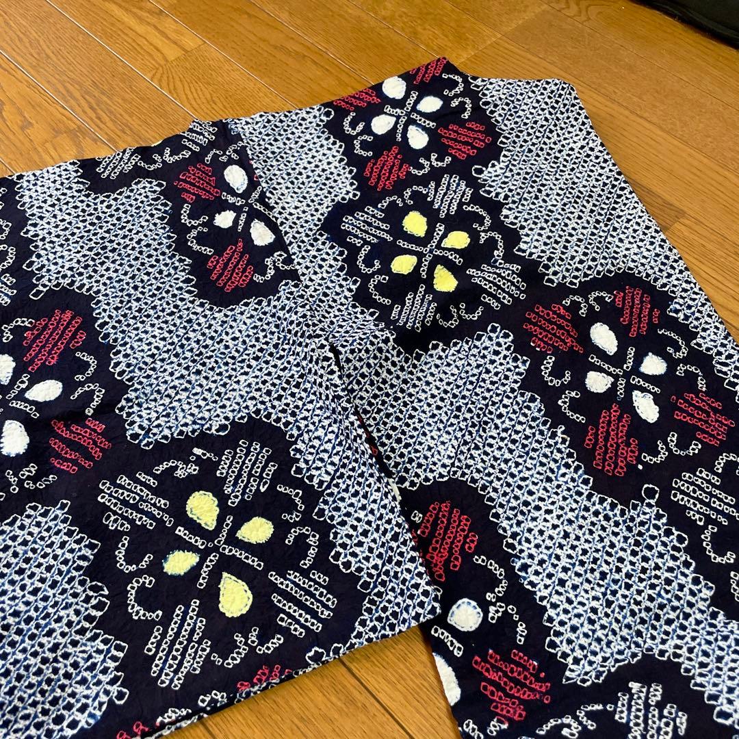 未使用　手縫い　総絞り　有松絞り　レトロ　夏着物　アンティーク　大人浴衣　紺色