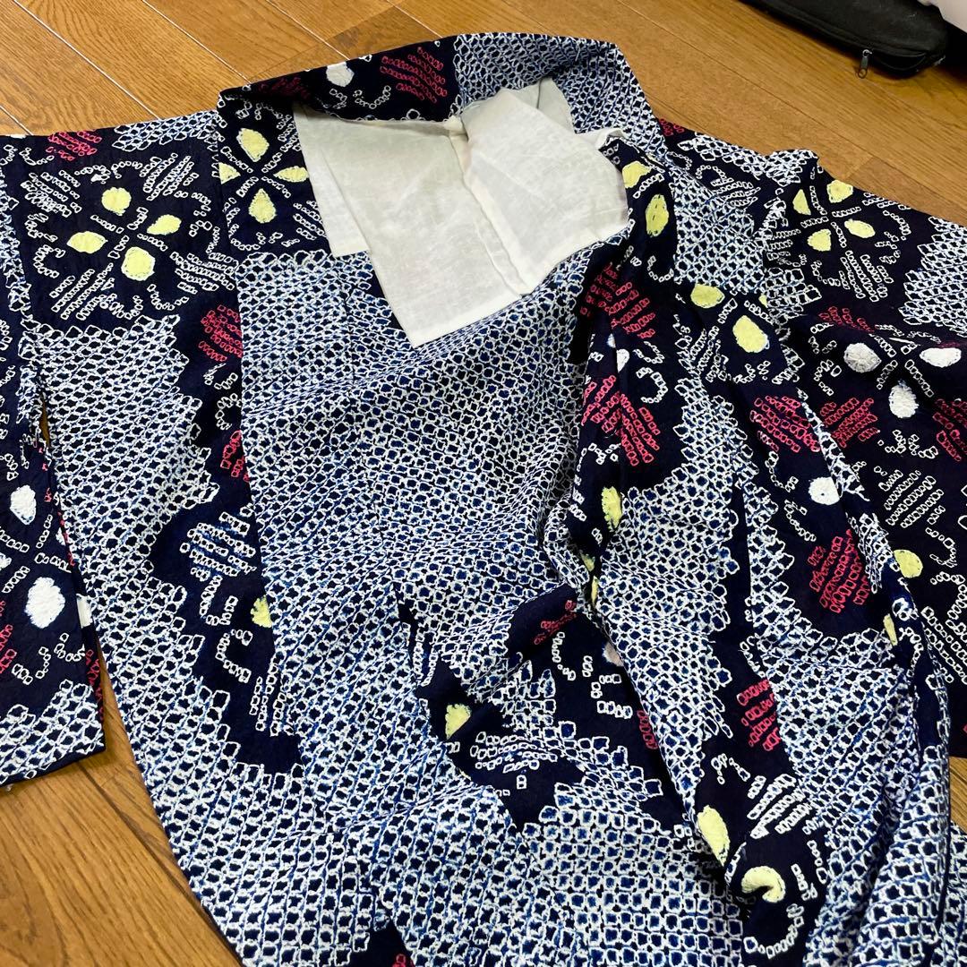 未使用　手縫い　総絞り　有松絞り　レトロ　夏着物　アンティーク　大人浴衣　紺色