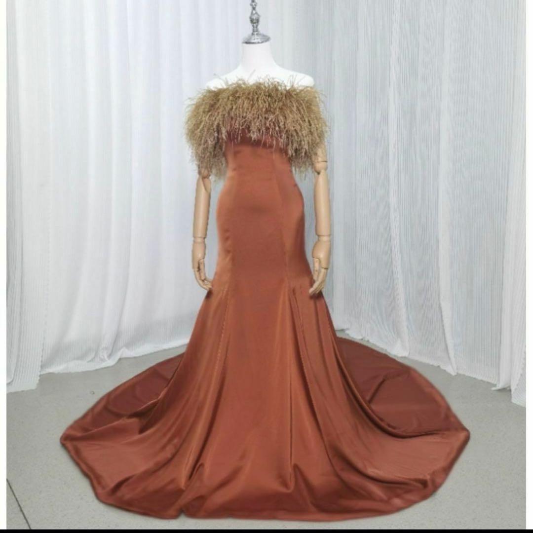 【たー】カラードレス テラコッタ色 マーメイドライン フェザー