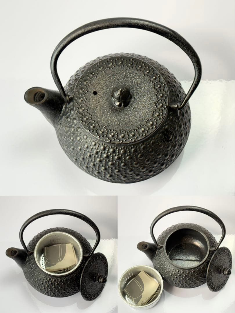 【未使用】南部鉄器 鉄瓶 霰紋 桜紋3点まとめ T−501