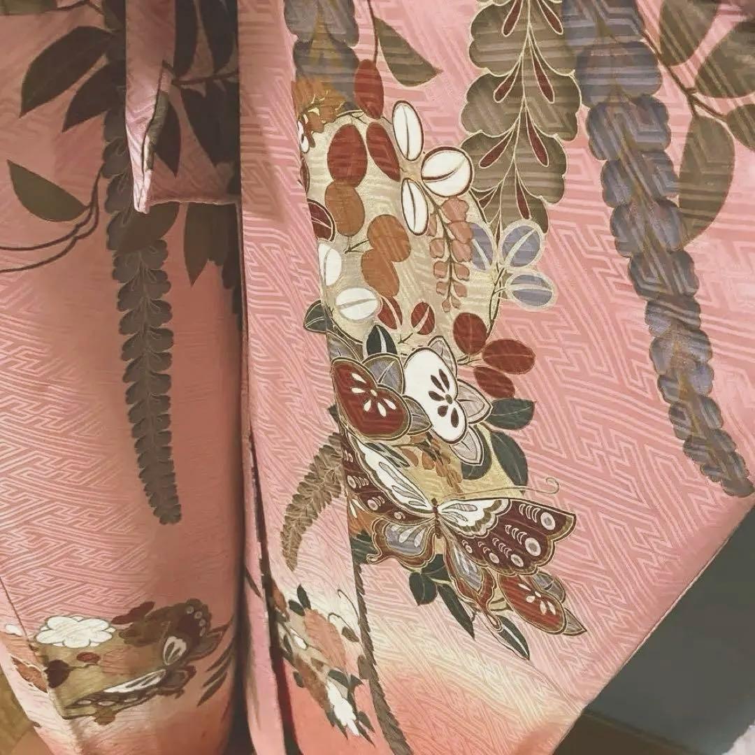 振袖フルセット　手描き友禅　桃色にグレーの古典柄は良家のお嬢様　成人式振袖　振袖