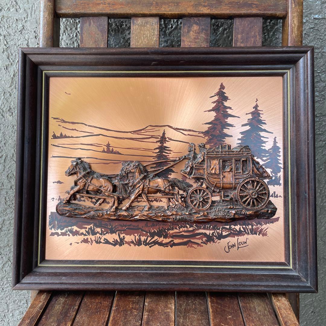 貴重！70's アメリカアンティーク　ウエスタン風景壁掛け　馬車インテリア雑貨