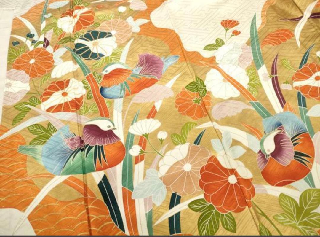 振袖フルセット6点M〜Ｌサイズ　正絹　鴛鴦花文　売り切り終了