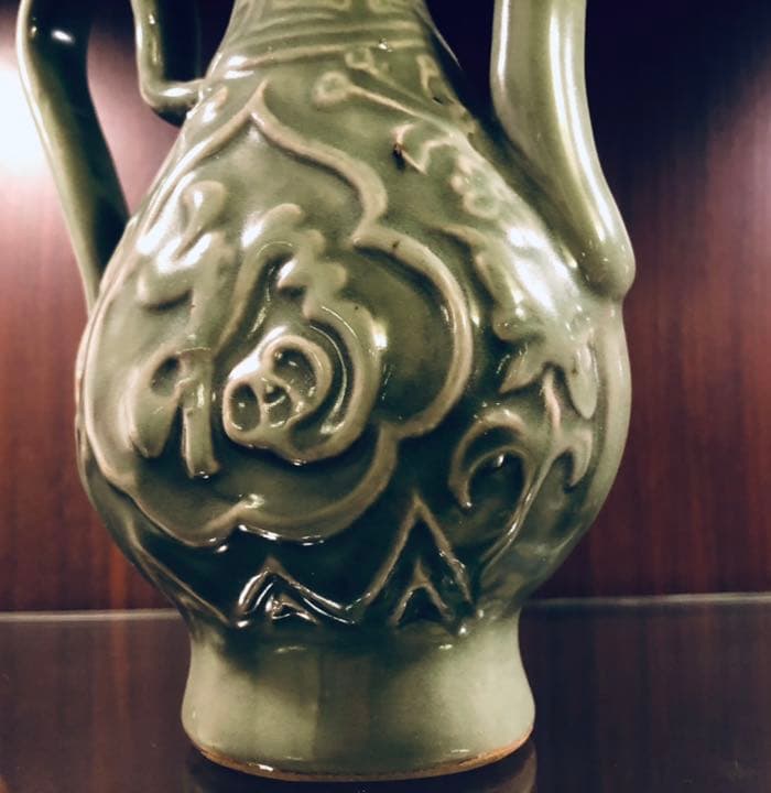 中国青磁　碧緑　骨董　福寿急須　花口瓶　明時代　高古瓷