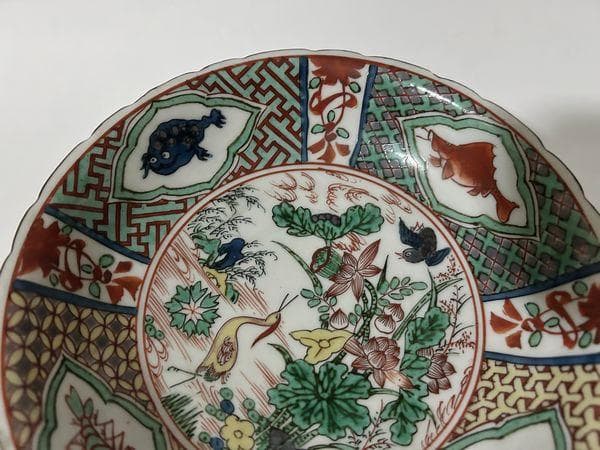 大聖寺伊万里　五彩色絵花鳥図　深皿　径19,5cm