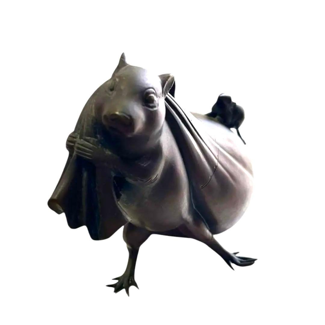 岩坪信光 作 唐銅 袋引鼠 ねずみ 親子／金工師／銅製 置物／刻印あり／工芸品