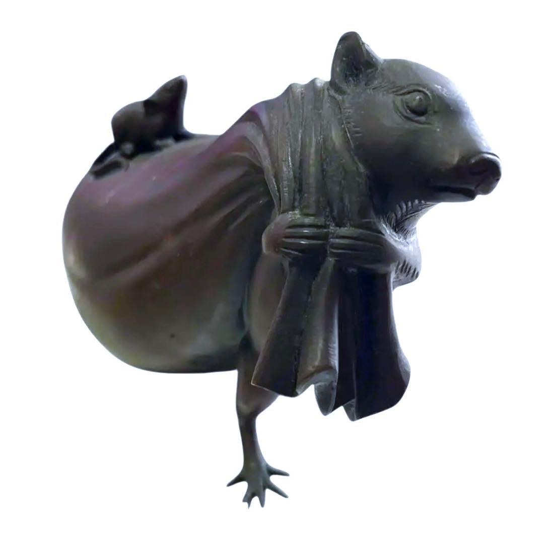 岩坪信光 作 唐銅 袋引鼠 ねずみ 親子／金工師／銅製 置物／刻印あり／工芸品