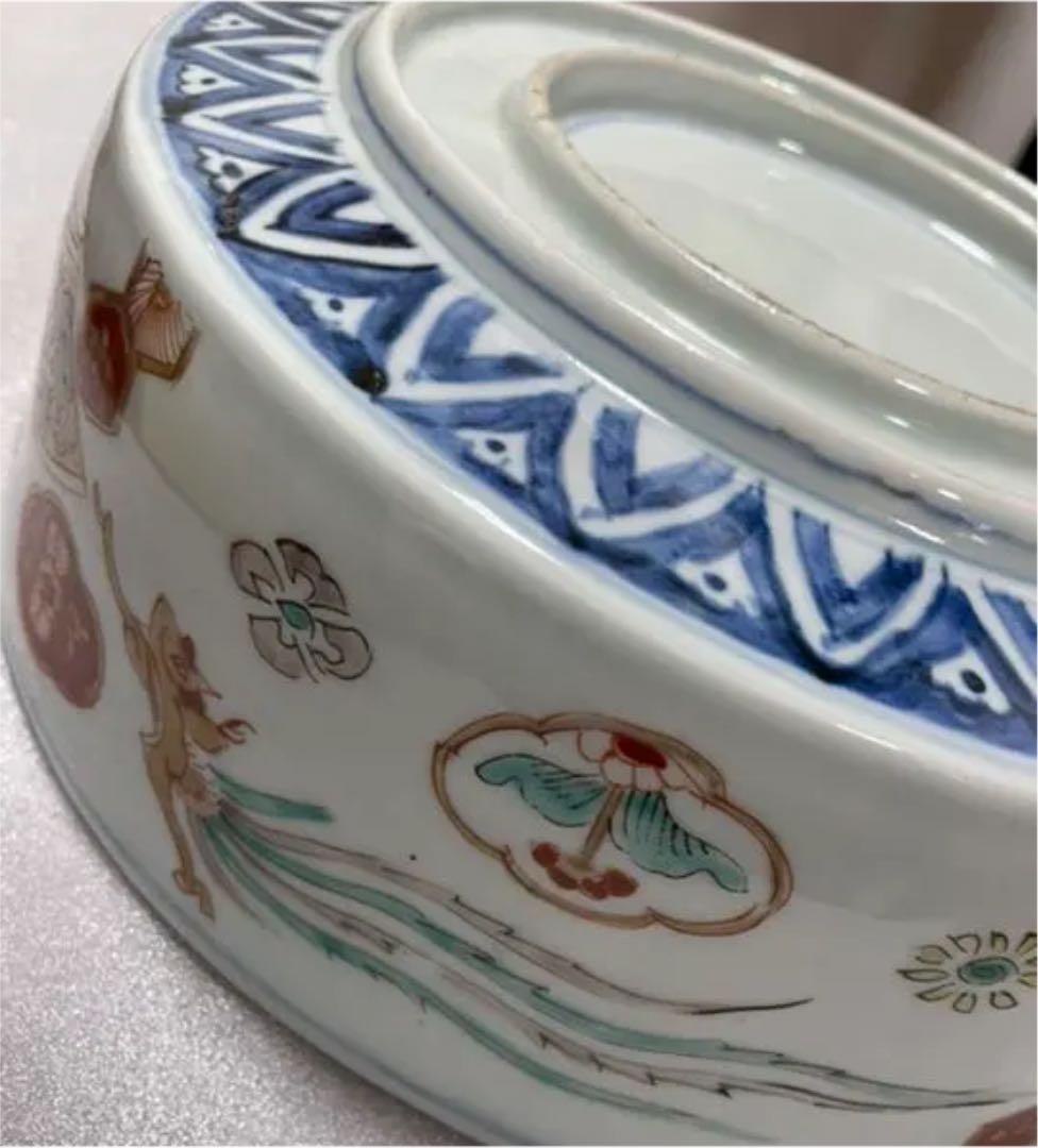 大きな器　【m183 麒麟　鳳凰　窓絵　二重高台　吉祥　染付色絵　平鉢　骨董　】