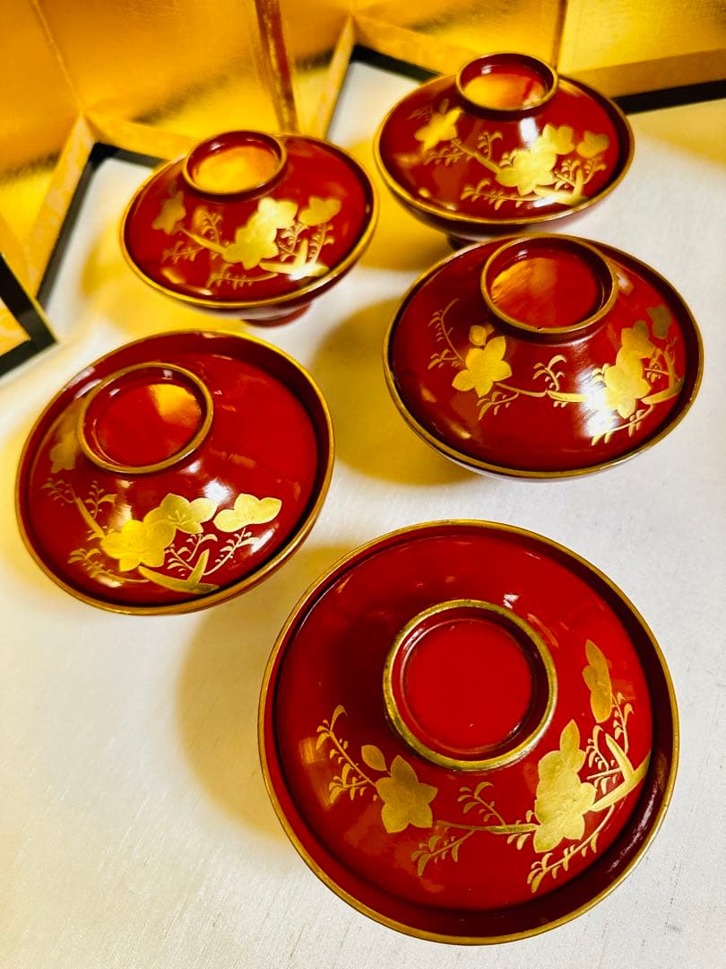 輪島塗木製　お椀　吸物椀　本金　骨董　時代蒔絵 ５脚G53