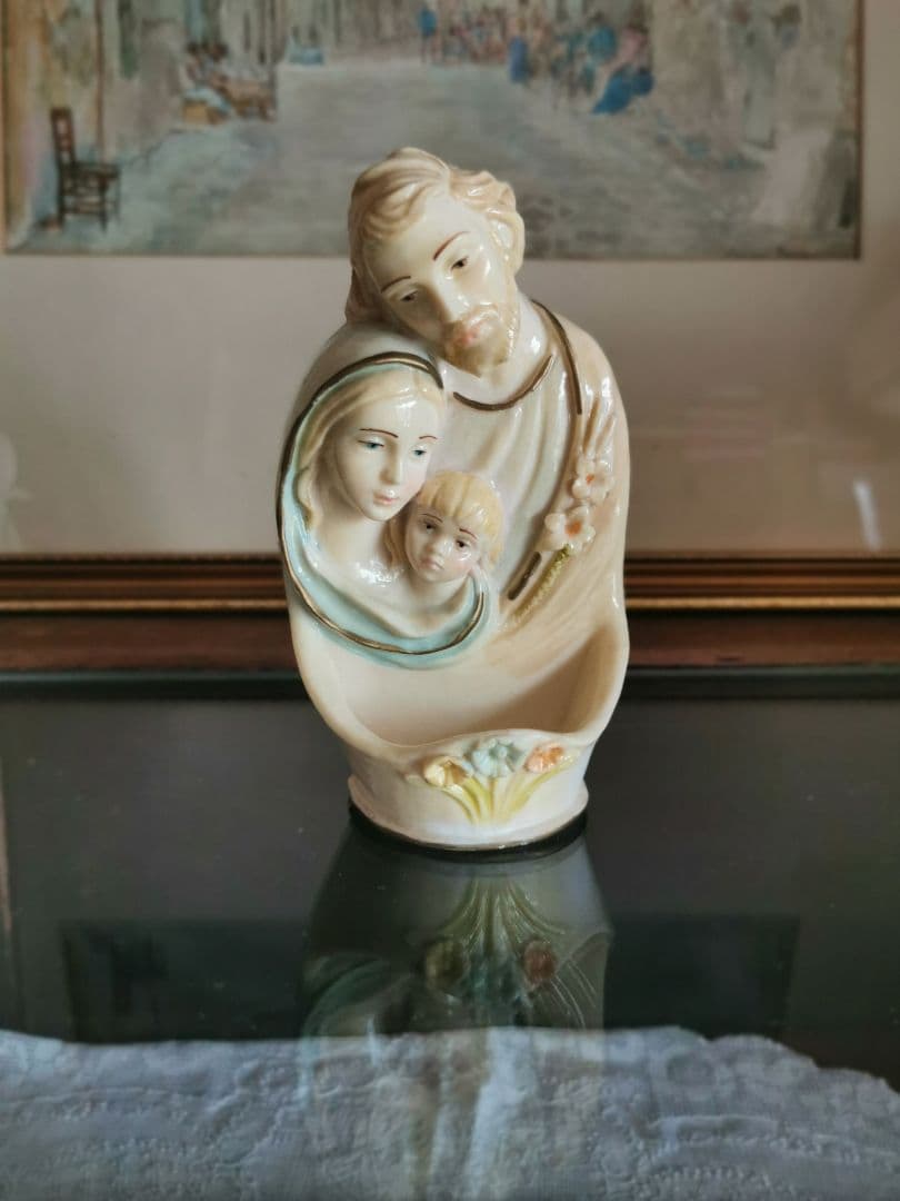 アンティークベルギー リヤドロ風 聖家族ポーセリン聖水入れ イエスマリアヨセフ