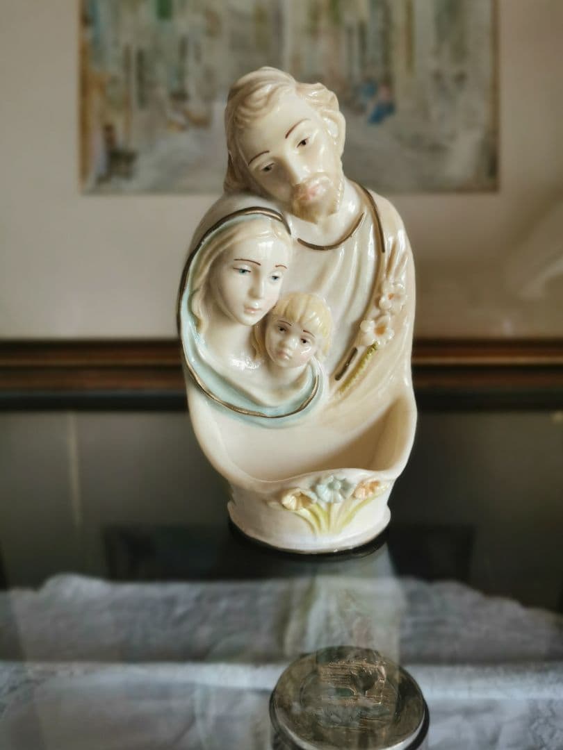 アンティークベルギー リヤドロ風 聖家族ポーセリン聖水入れ イエスマリアヨセフ