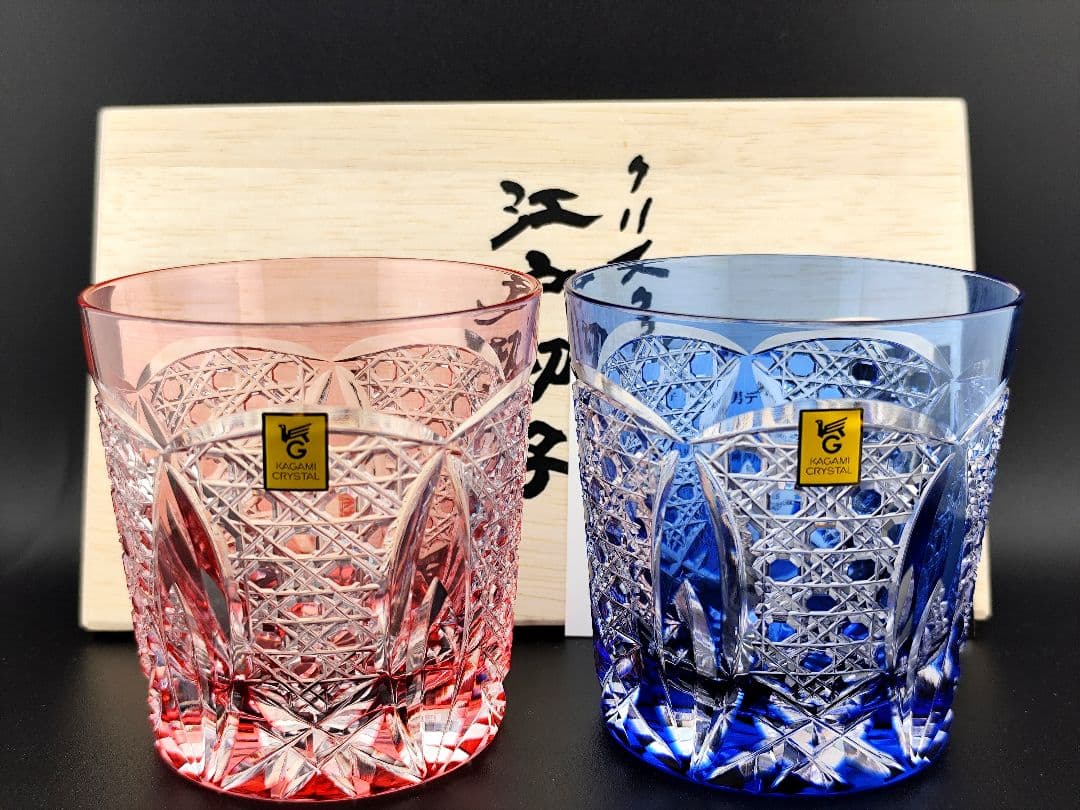 未使用美品☆江戸切子 木村秋男 ペアロックグラス（切子、江戸切子、薩摩切子）